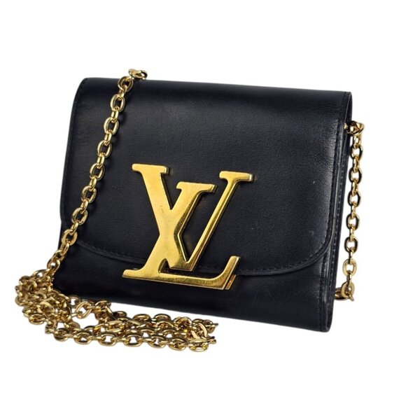 LOUIS VUITTON Louise Wallet on Chain Shoulder Bag Small Logo Black Leather LV - Picture 1 of 15